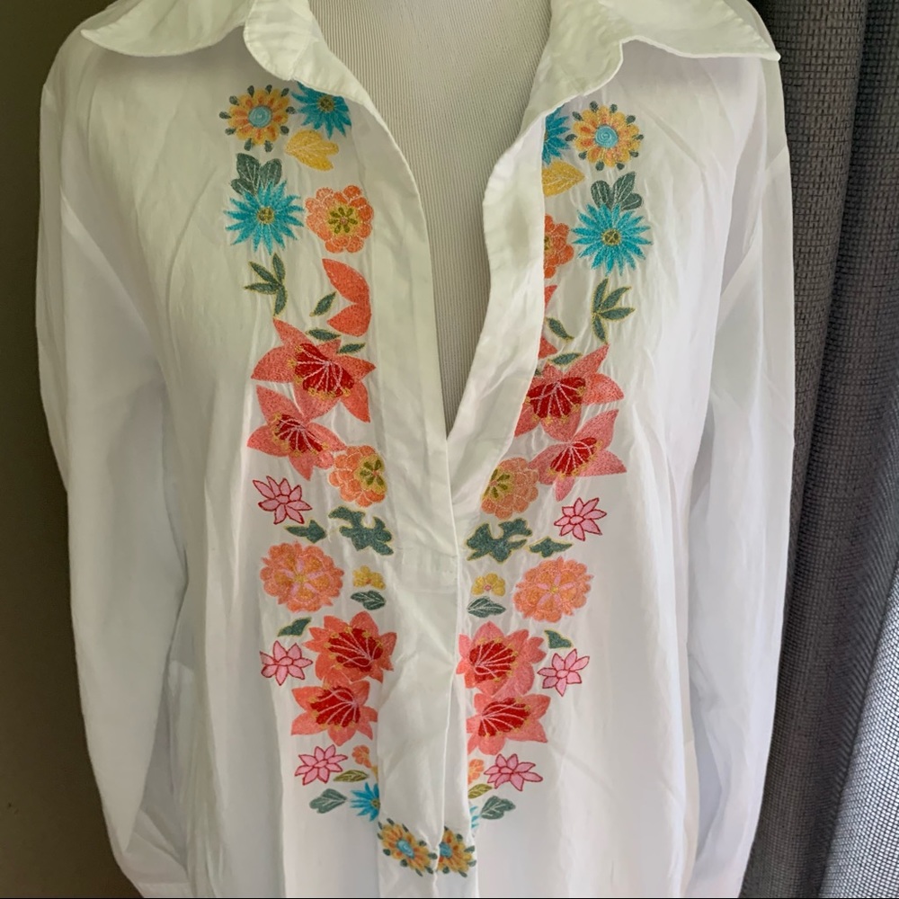 NATORI White Cotton with Floral Embroidery Kaftan Loungewear Maxi Dress